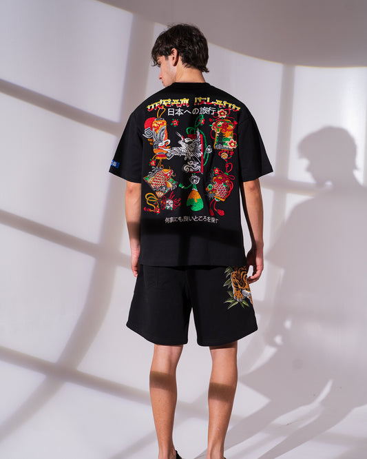 CRANE AND KOI T-SHIRT - BLACK