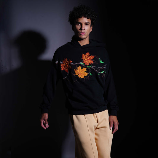 MAPLE BRANCH EMBROIDERED HOODIE - BLACK