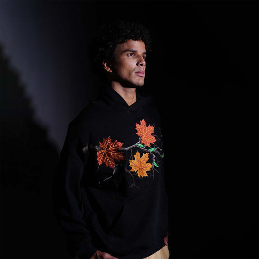 MAPLE BRANCH EMBROIDERED HOODIE - BLACK