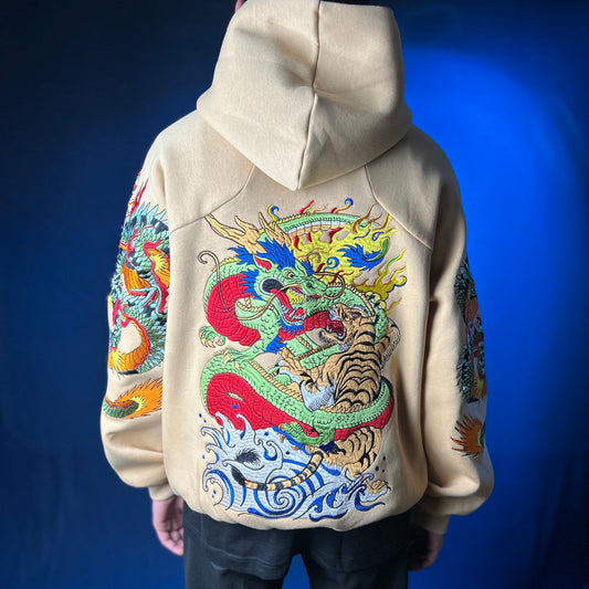SPIRIT OF THE DRAGON AND TIGER HOODIE - BEIGE